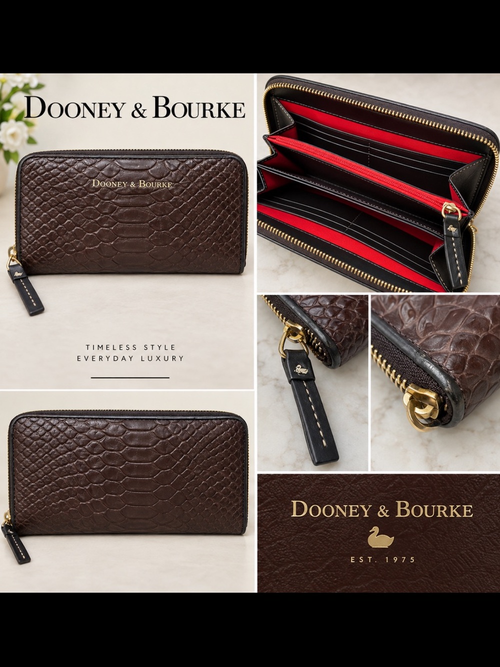 Dooney & Bourke Dark Brown Embossed Leather Zip Wallet with Red Interior